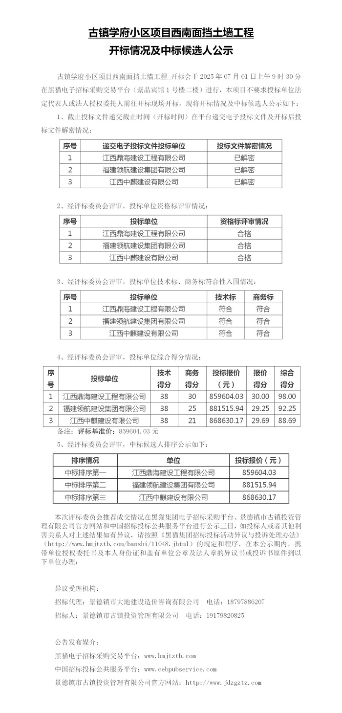 古鎮(zhèn)學府小區(qū)項目西南面擋土墻工程開標情況及中標候選人公示